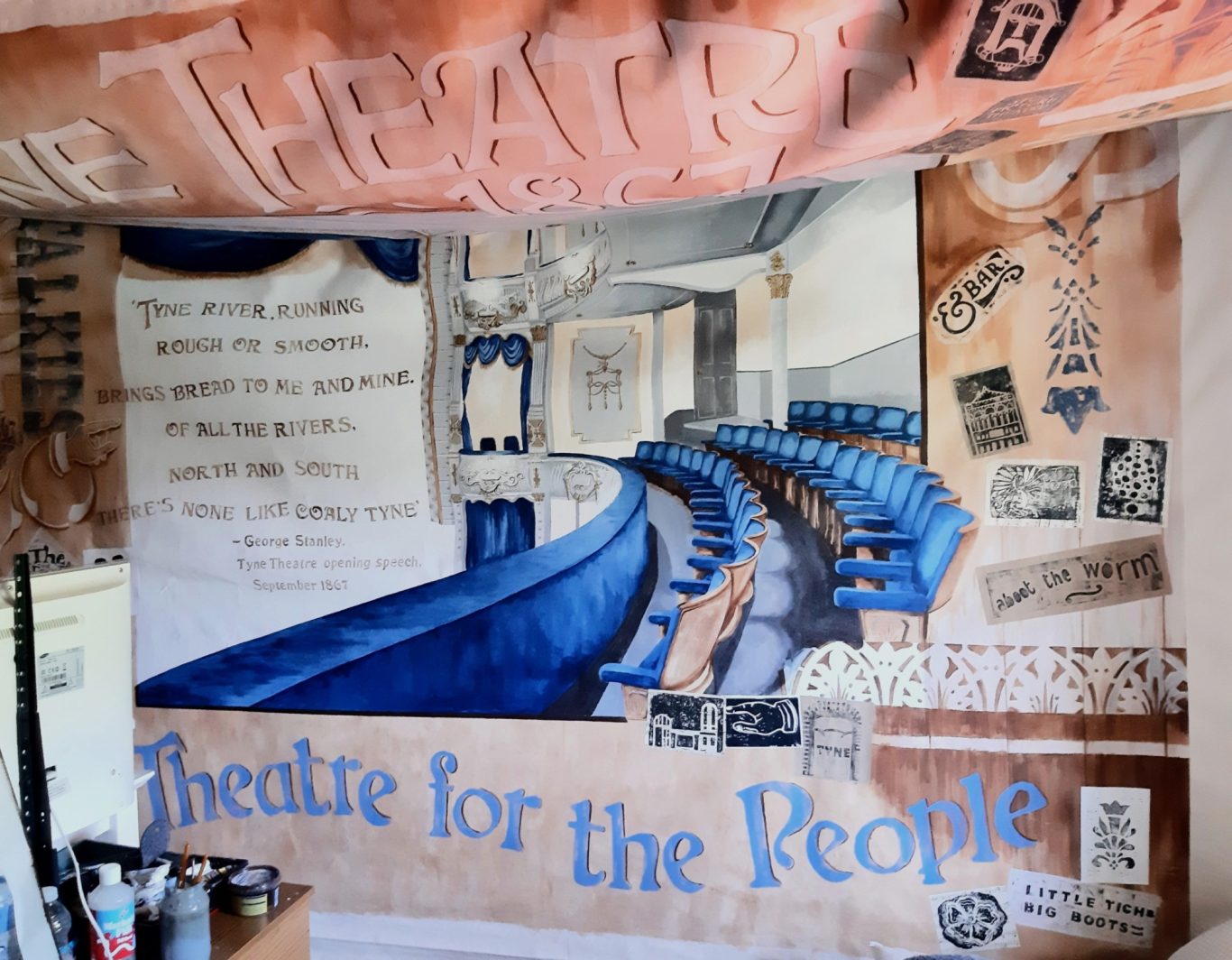 13. Words from George Stanley’s 1867 opening night speech are worked in using a mixture of burnt umber ink and acrylic paint.